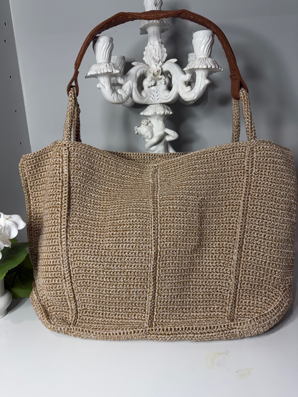 The sac. Woven Straw Tote Bag with Brown Leather Handles New